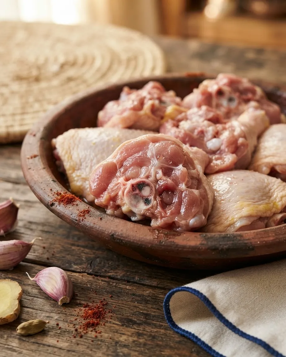 Raw bone-in chicken pieces rest in a rustic bowl beside garlic, ginger, and ground spices.