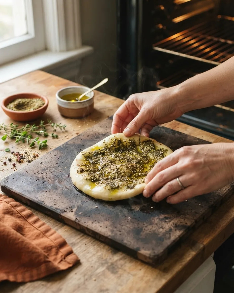 Hands place za'atar-topped manakish dough on a baking stone beside an open oven.