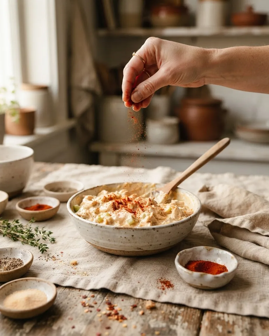 A hand sprinkles red spice into a bowl of creamy chicken salad on a rustic kitchen table.