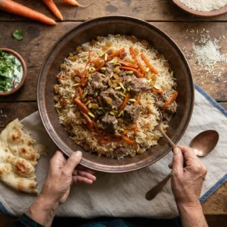Overhead bowl of rice with meat, carrots, raisins and pistachios beside flatbread and herbs.