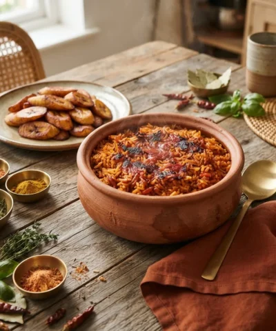 A pot of smoky Nigerian jollof rice with fried plantains on the side