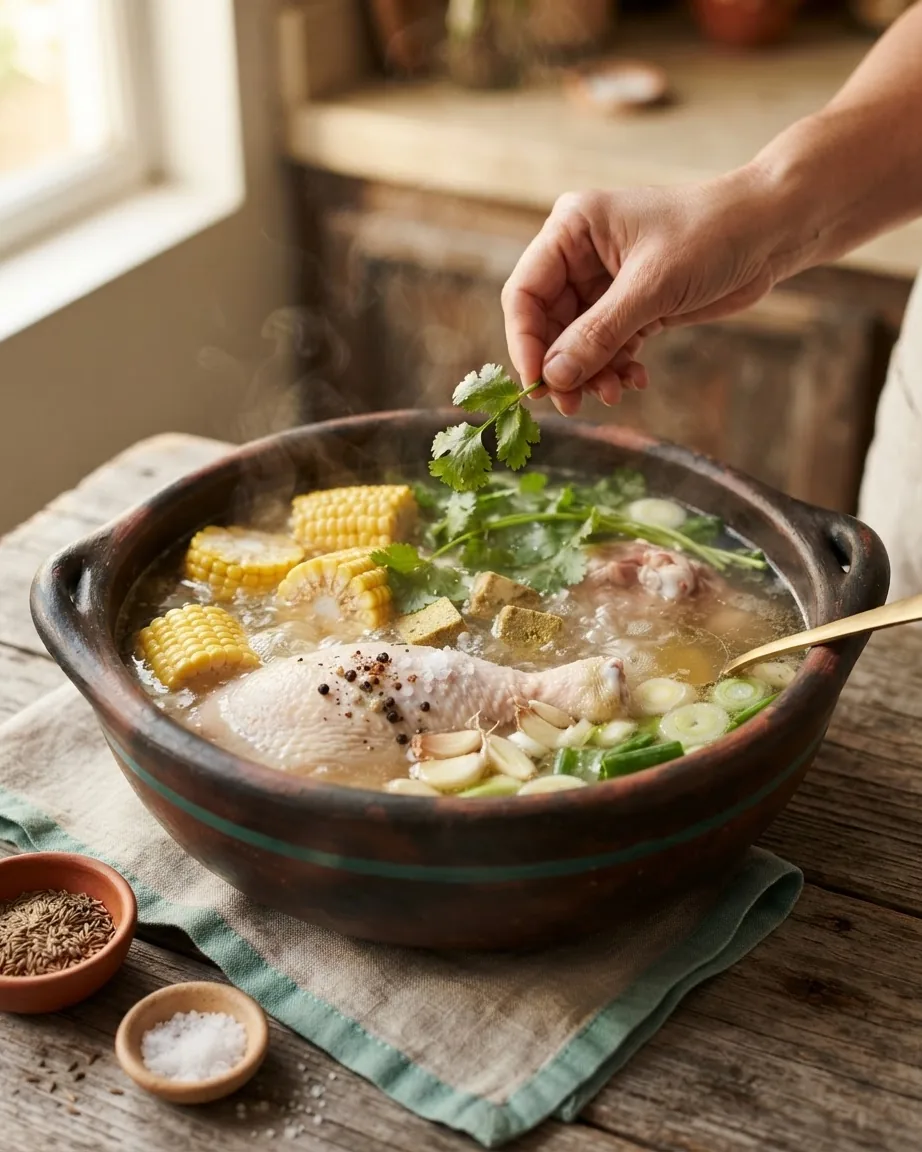 Clay pot of chicken and corn soup as a hand adds fresh green herbs.