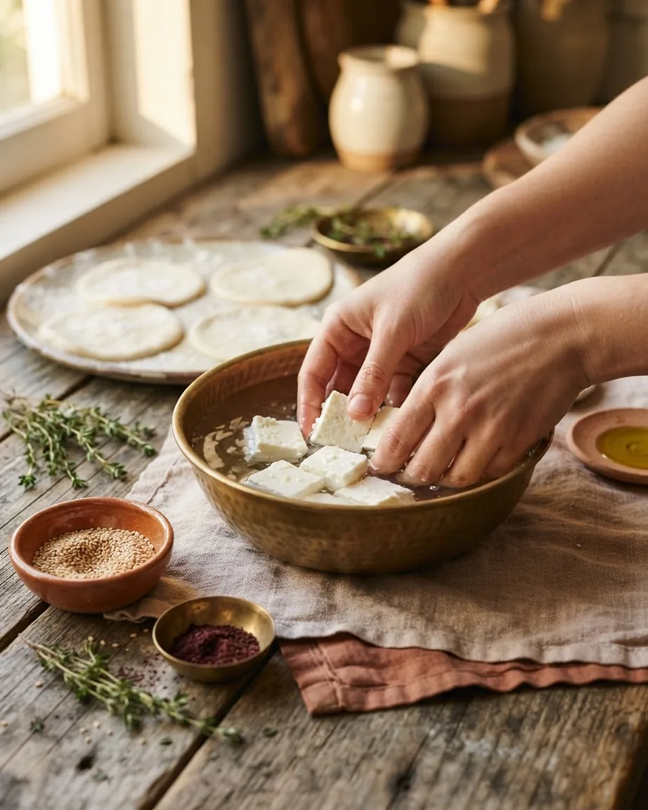 Hands soak pieces of white cheese in a bowl beside flatbreads, herbs, sesame seeds, and oil.