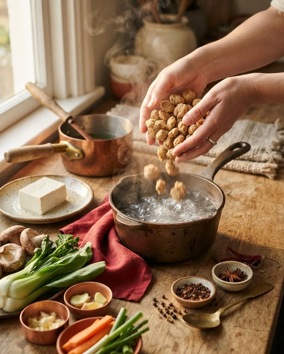 Bowls of Chinese-style dishes and ingredients arranged on a kitchen counter.