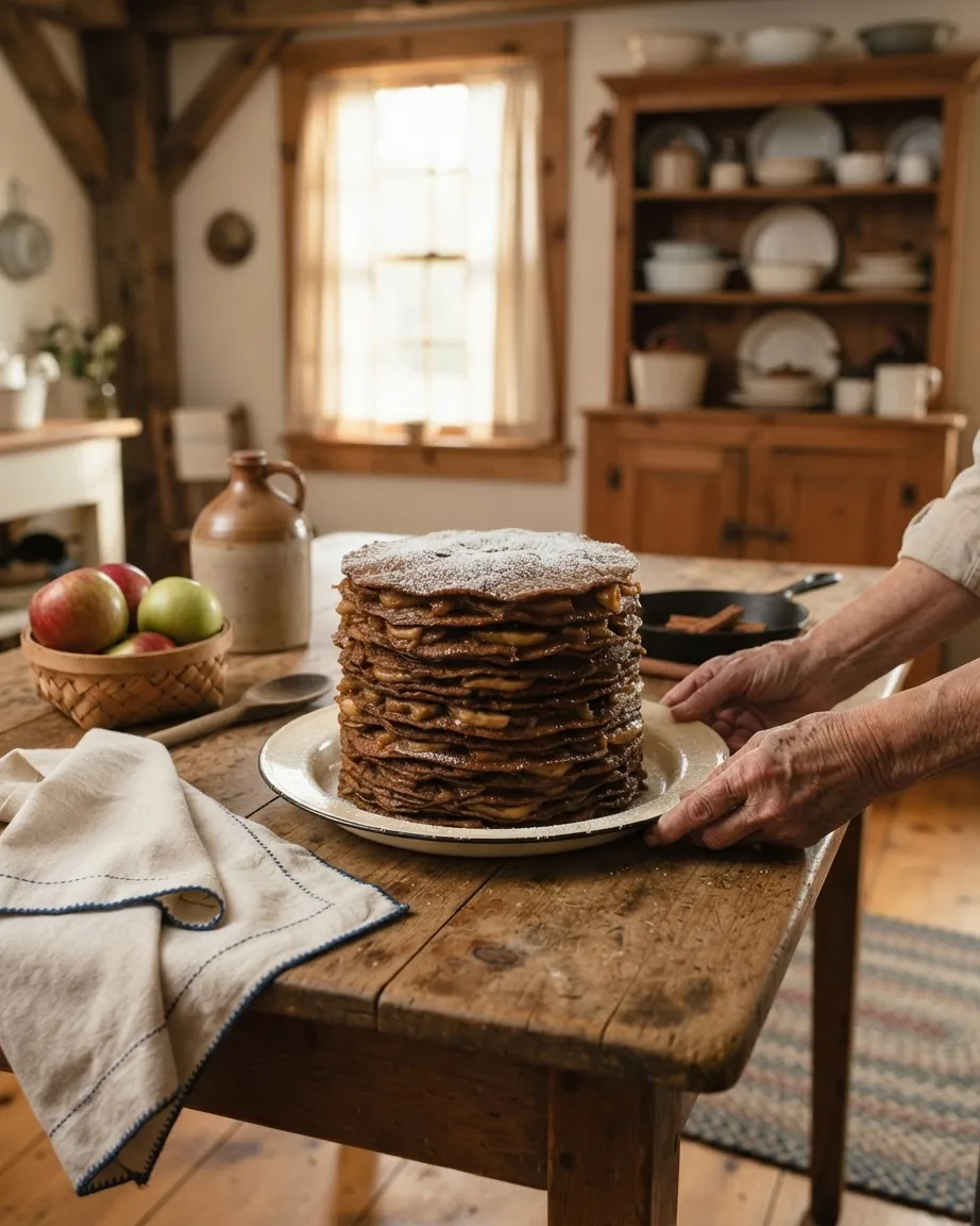 Detail view of the apple stack cake recipe: full ingredient list with local names