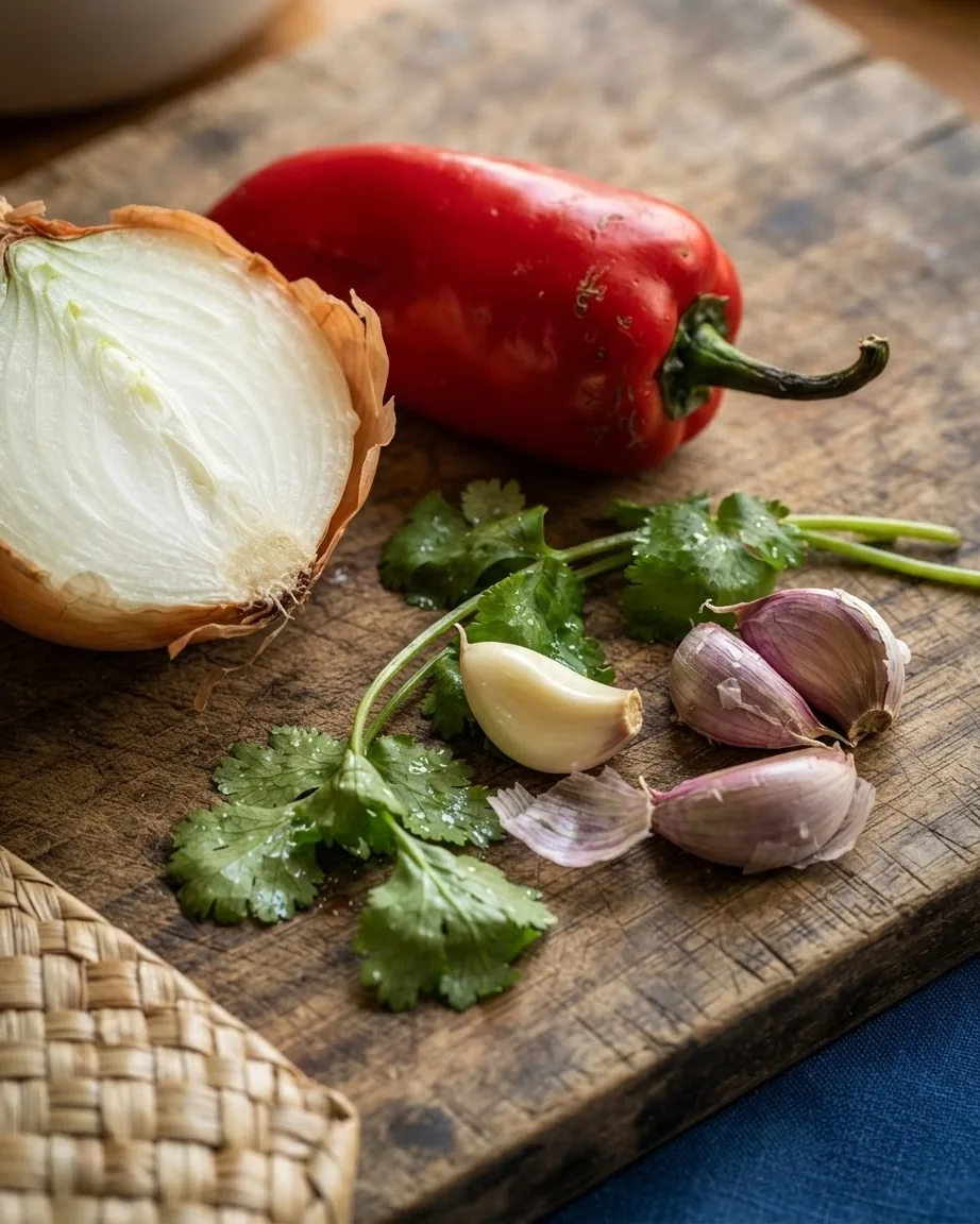 Detail view of the aromatics that carry the pan: onion, chile dulce, cilantro, garlic