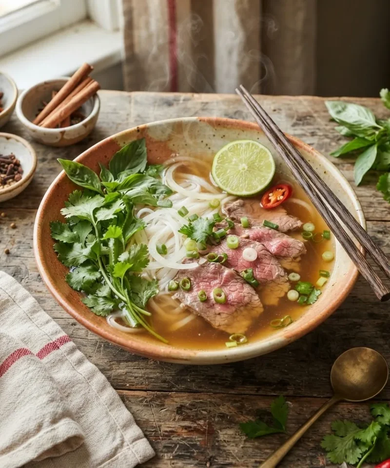 A steaming bowl of Vietnamese pho with fresh herbs, lime and chili, chopsticks resting on the rim