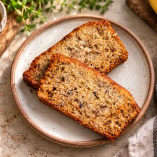 Two slices of banana bread on a ceramic plate beside bananas, oil, cinnamon, and whole spices.
