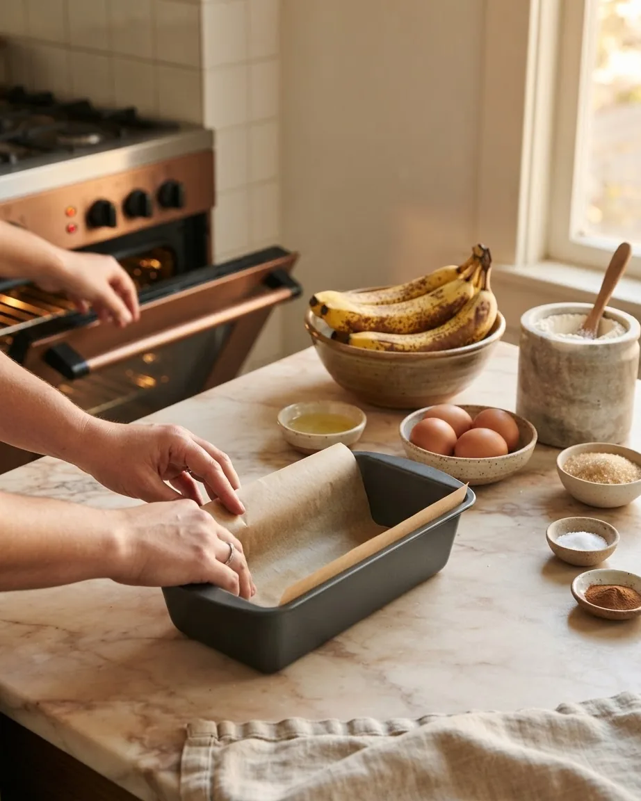 Hands line a loaf pan with parchment beside ripe bananas, eggs, sugar and baking ingredients.