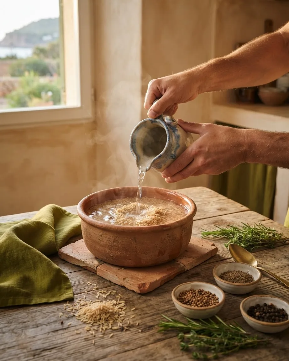 Hands pour water from a ceramic jug into a rustic pot filled with brown rice.