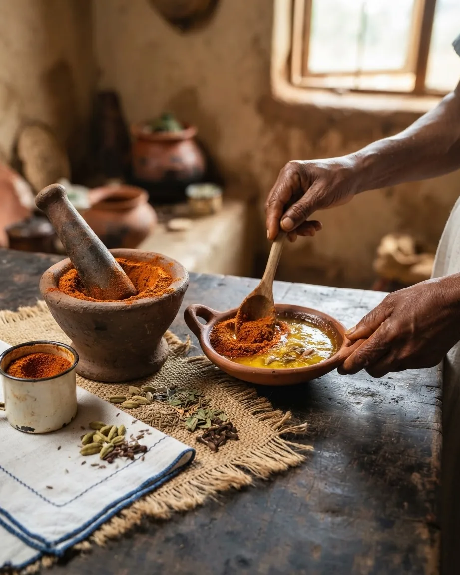 Hands stir red spice into a bowl of golden fat beside a mortar, pestle, and whole spices.