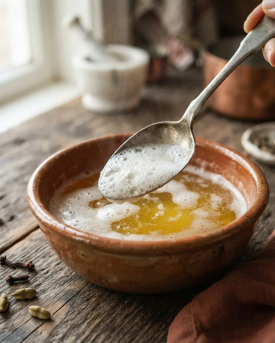 A hand holds a spoon skimming white foam from melted golden butter in a brown bowl.