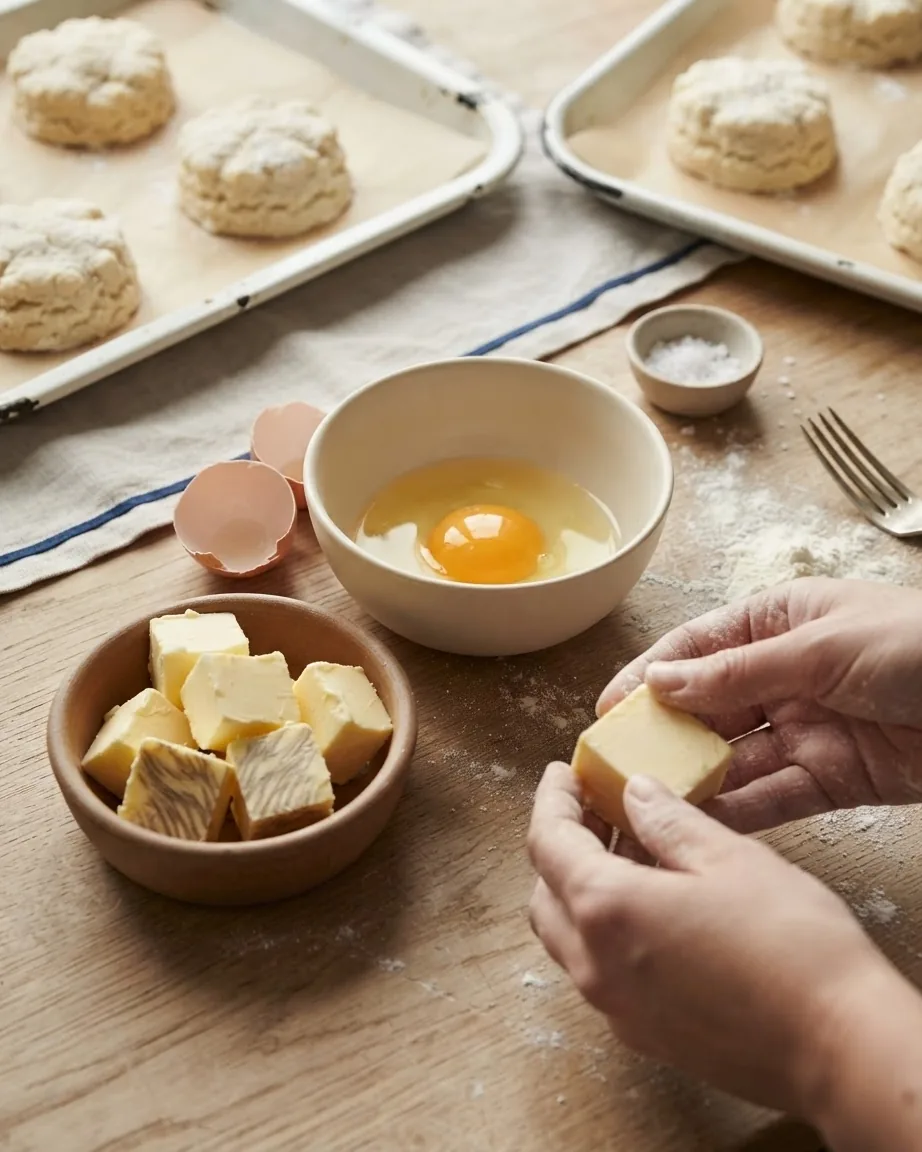 Detail view of butter, egg, and the texture each one buys