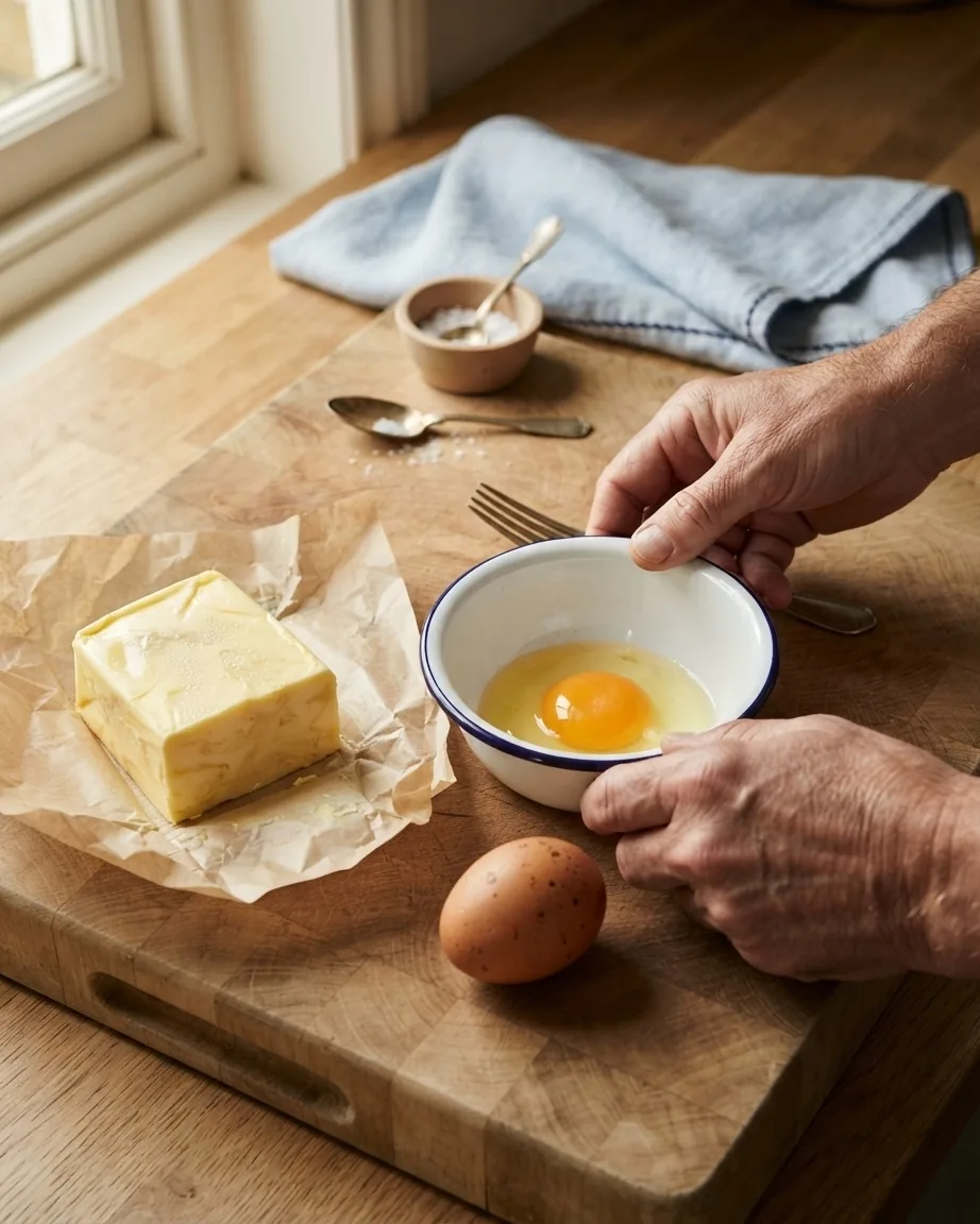 Detail view of butter, egg, and the texture each one buys