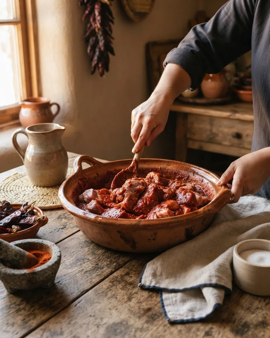 Detail view of carne Adovada: Overnight Marinade, Then 2 to 3 Hours at 325°F