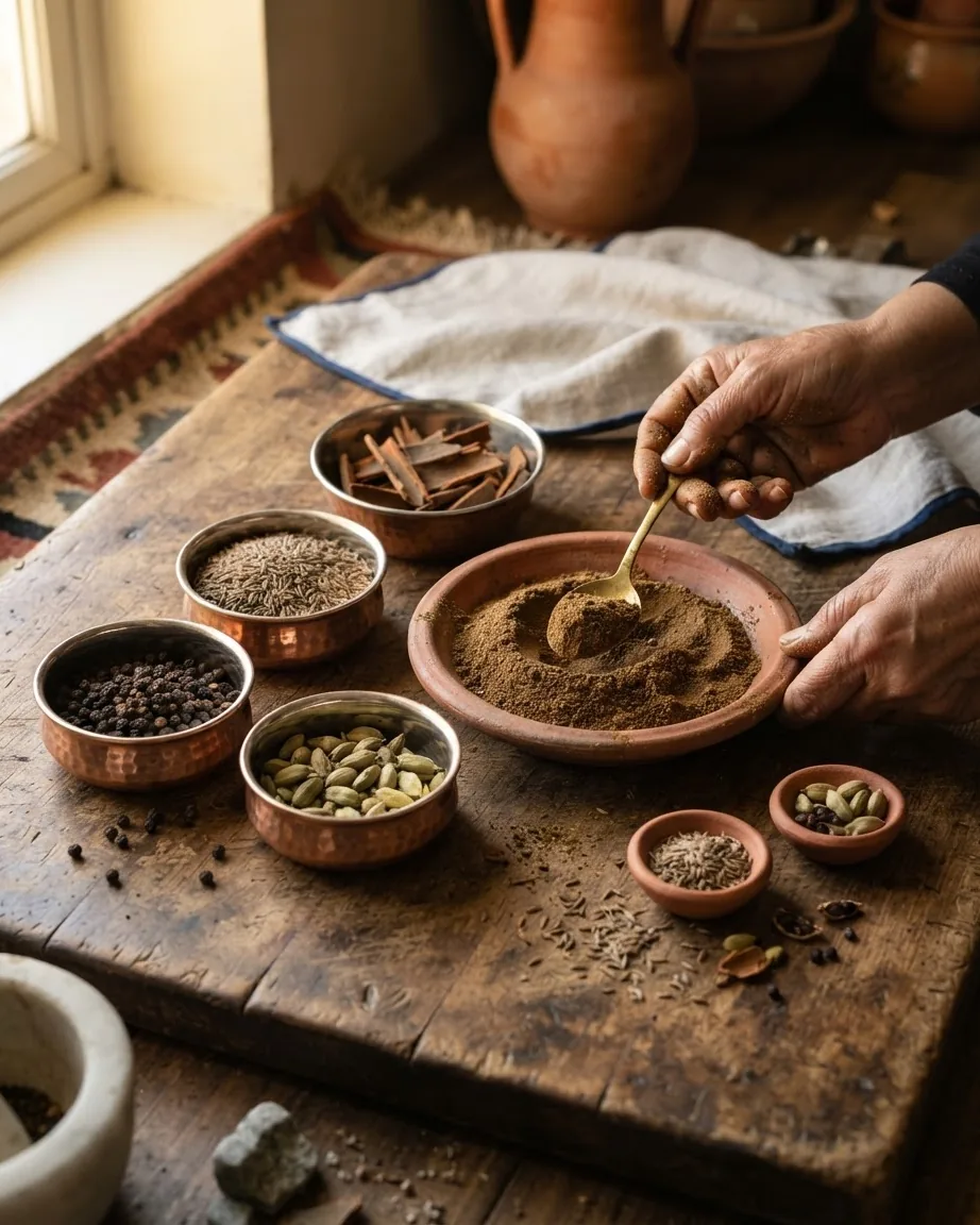 Hands spoon a dark ground spice blend beside bowls of cardamom, peppercorns, cumin, and cinnamon.