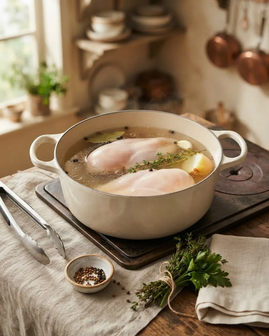Two chicken breasts poach in simmering broth with onion, herbs, bay leaf, and peppercorns.