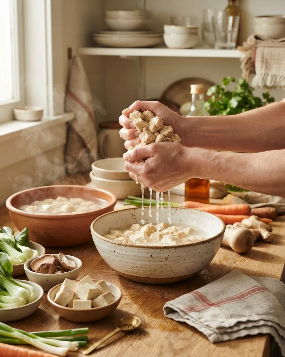 Hands squeeze soaked soy chunks over a bowl, surrounded by tofu, vegetables, and kitchenware.
