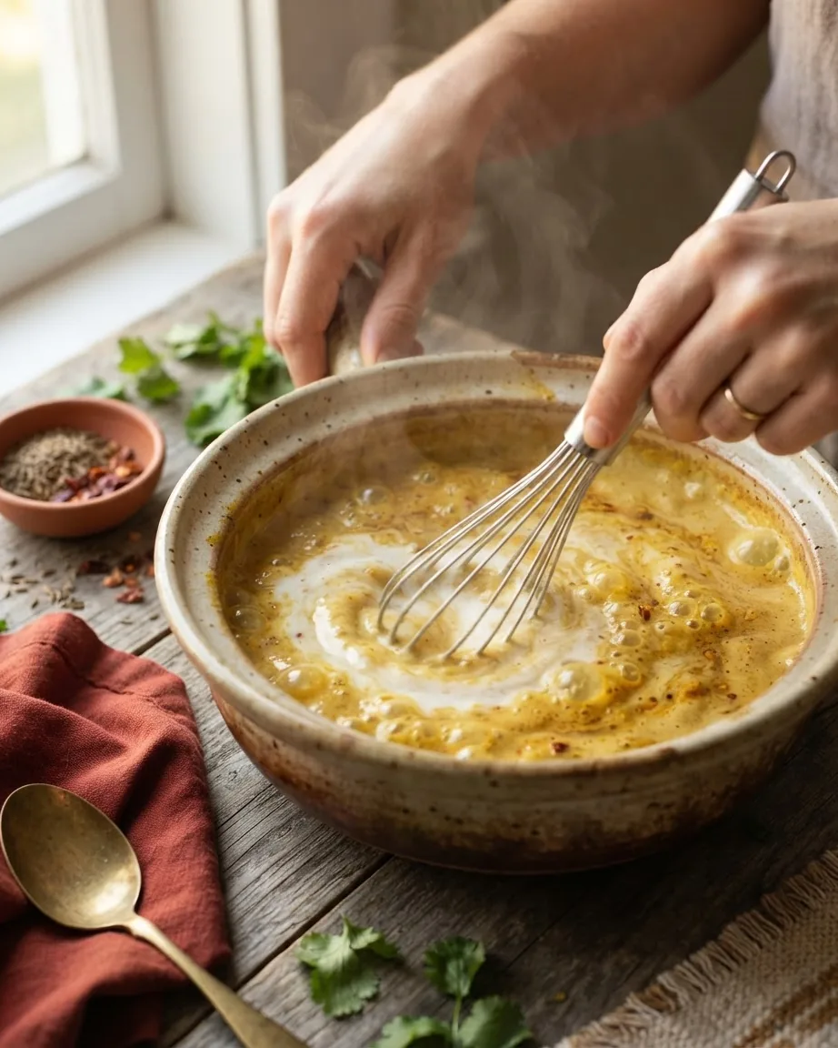 Hands whisk a steaming creamy curry sauce in a large ceramic bowl beside herbs and spices.