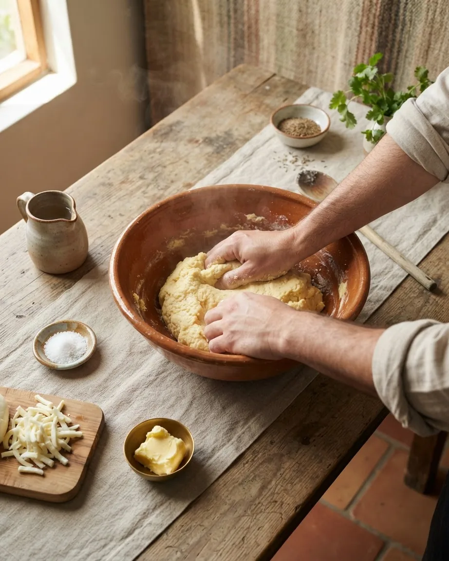 Hands knead dough in a terracotta bowl beside shredded cheese, butter, and salt.