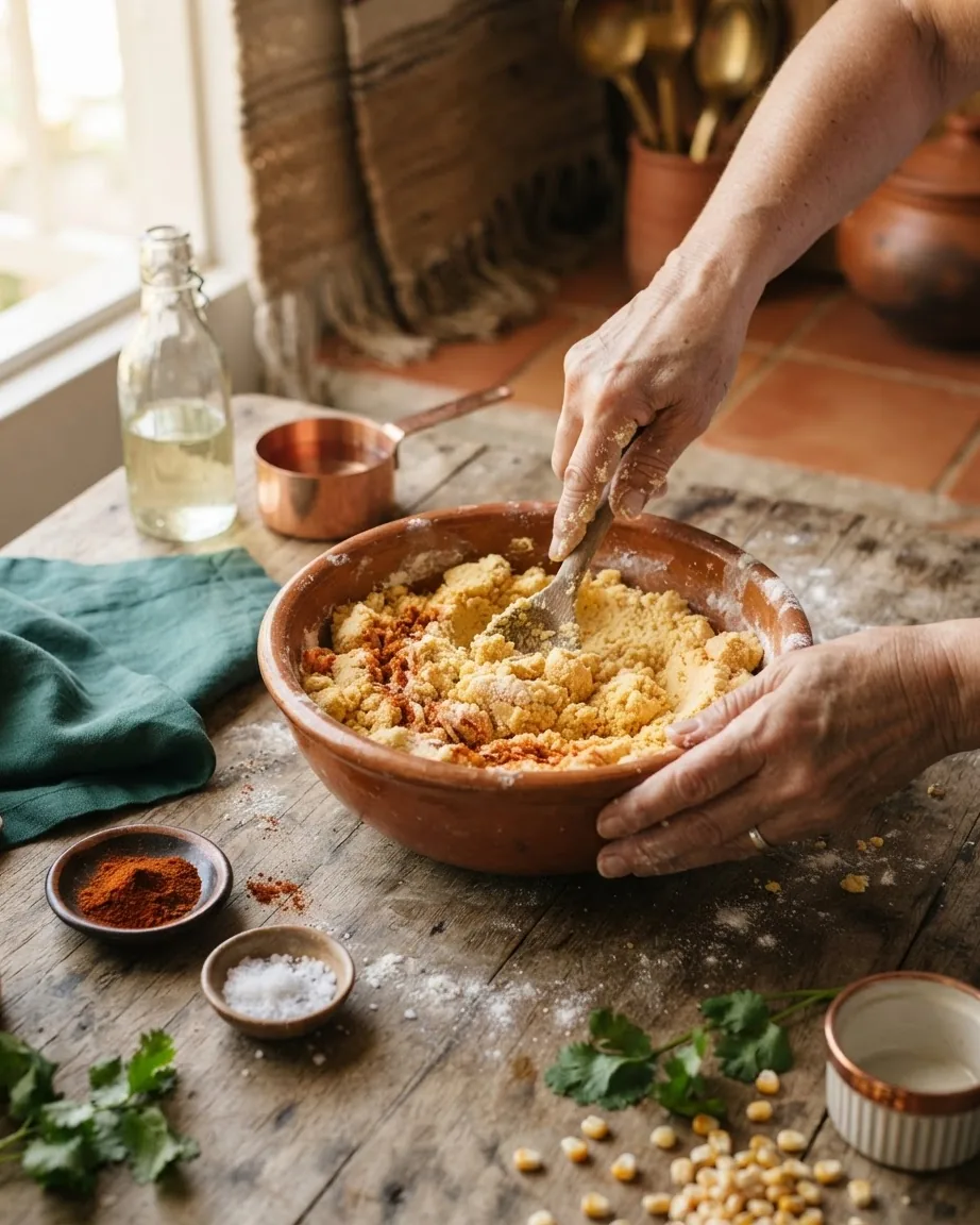 Hands stir a coarse yellow corn dough with reddish seasoning in a large earthenware bowl.