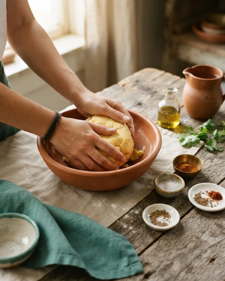 Hands knead yellow corn dough in a terracotta bowl beside oil and spices.
