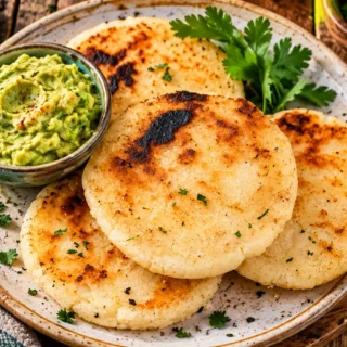Golden griddled corn cakes are served with guacamole, cilantro, and chili flakes on a rustic table.