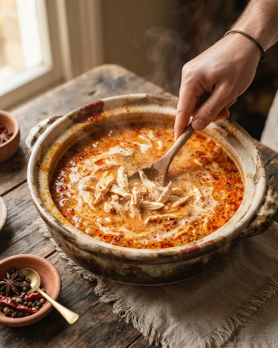 A hand stirs shredded chicken into a steaming pot of creamy red curry soup.