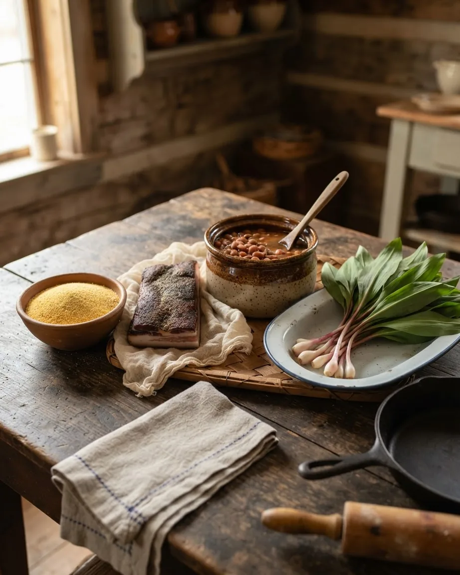 Close-up illustrating cornmeal, cured pork, beans, and ramps: the four staples every dish leans on