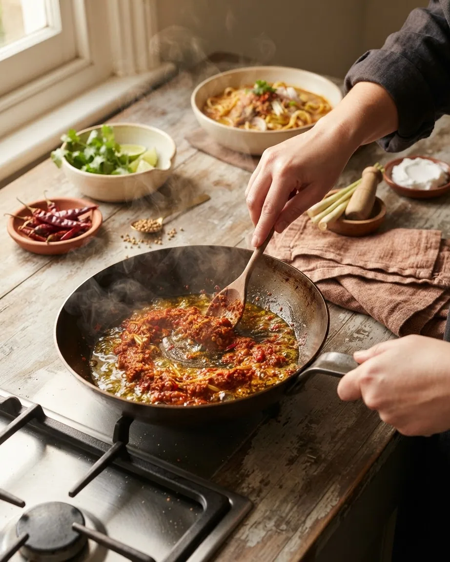 Hands stir red curry paste in oil in a hot pan beside herbs, chilies, and bowls.