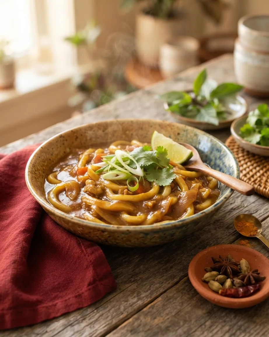 Bowl of thick udon noodles coated in brown curry gravy, garnished with scallions, cilantro, and lime.
