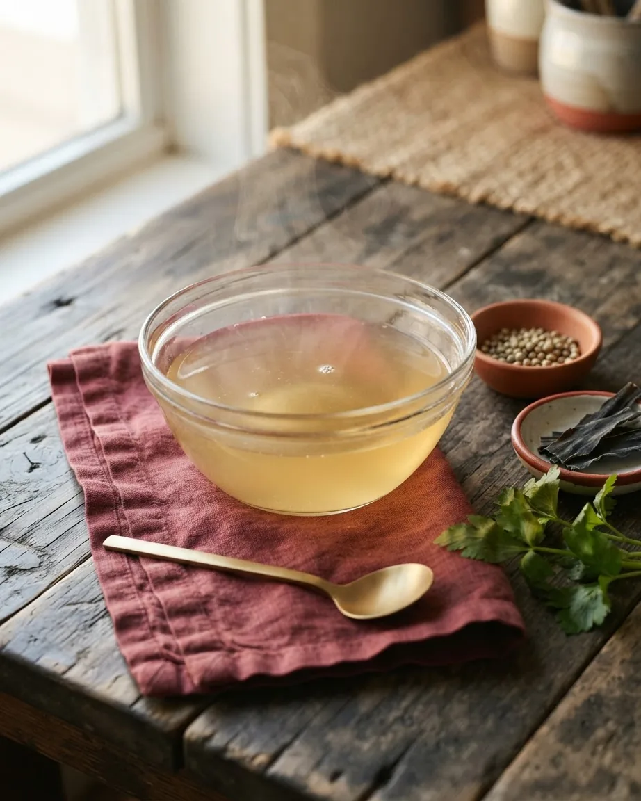 Clear glass bowl of pale golden broth on a burgundy cloth beside herbs, seaweed, and a spoon.