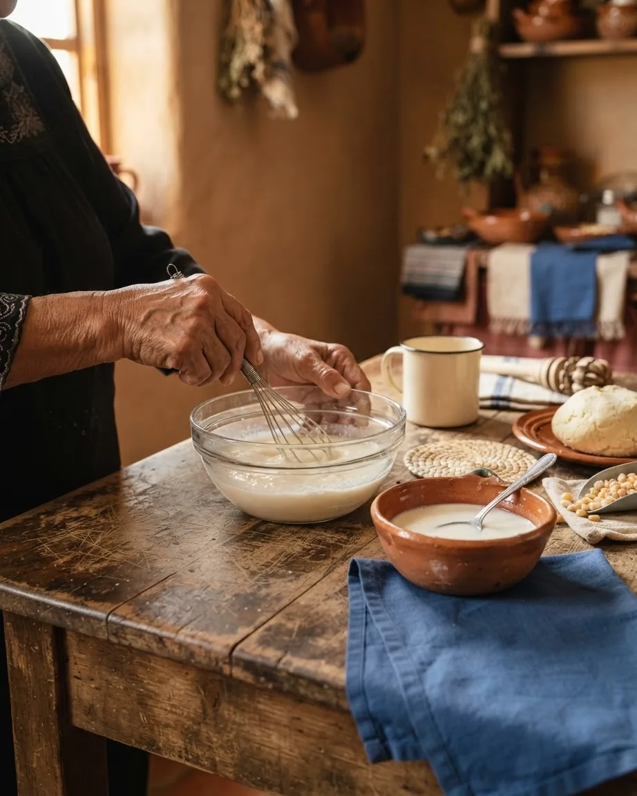 Close-up illustrating the dissolving rule: warm water for masa, cold milk for cornstarch