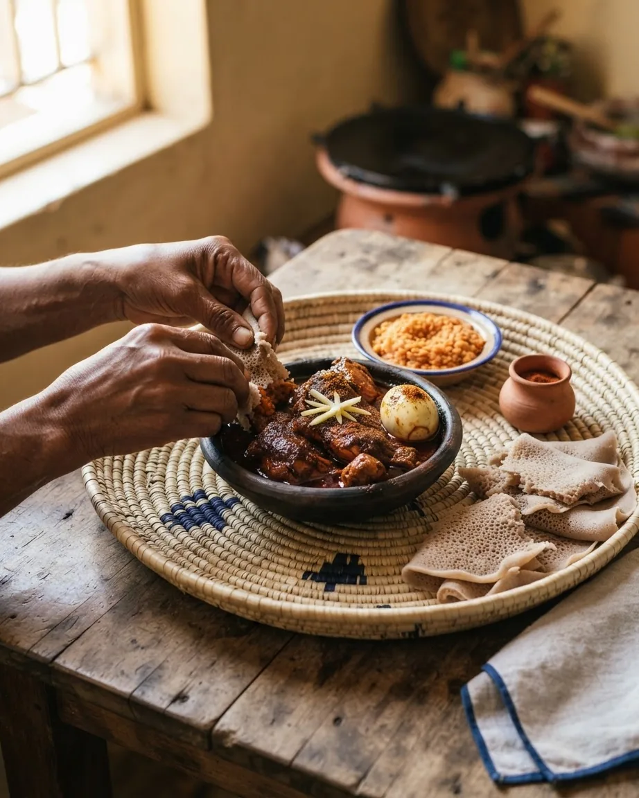Hands tear injera beside chicken stew with egg and a separate bowl of lentils.