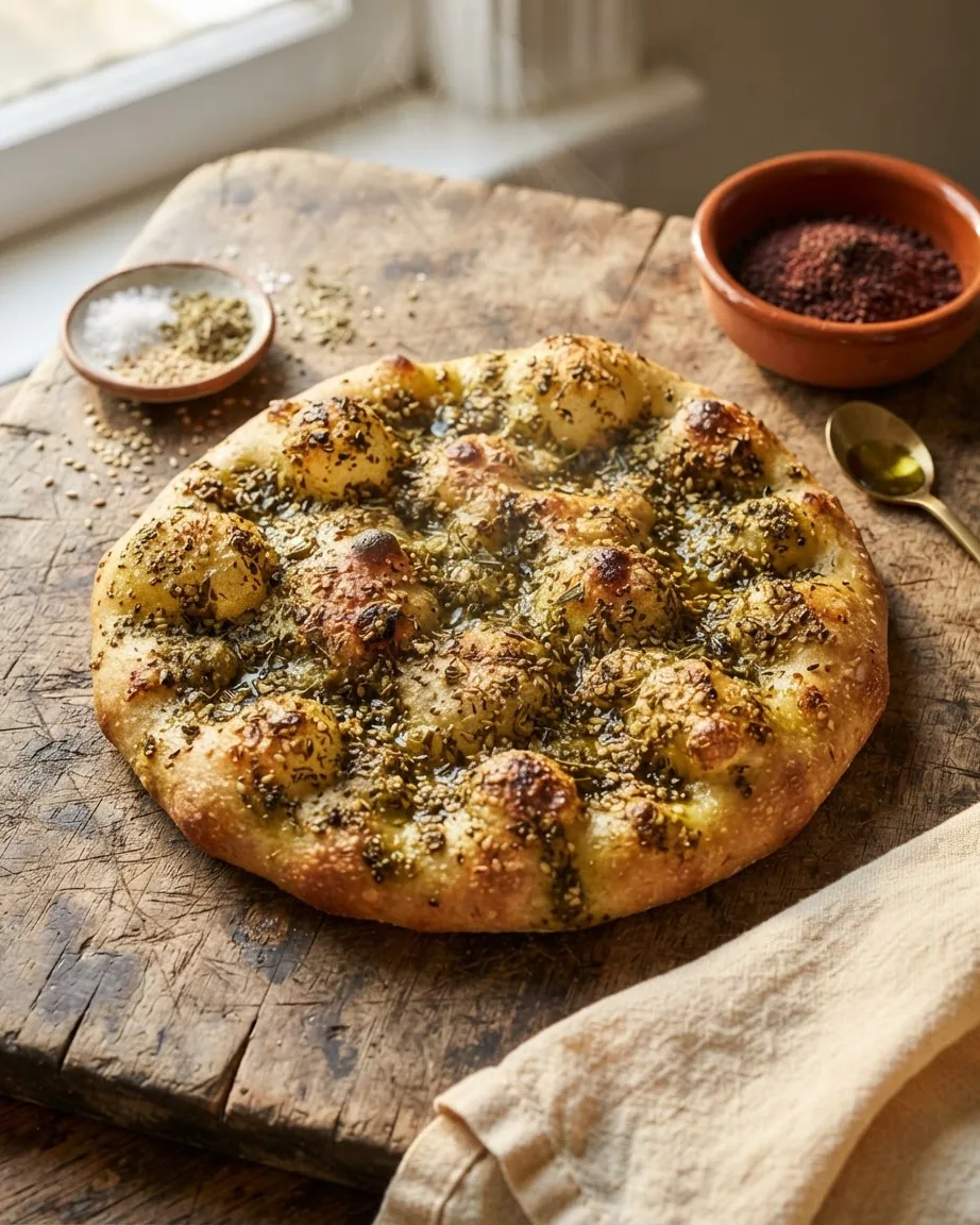 Round herb-topped manakish on a rustic wooden board beside bowls of seasonings and a spoon.