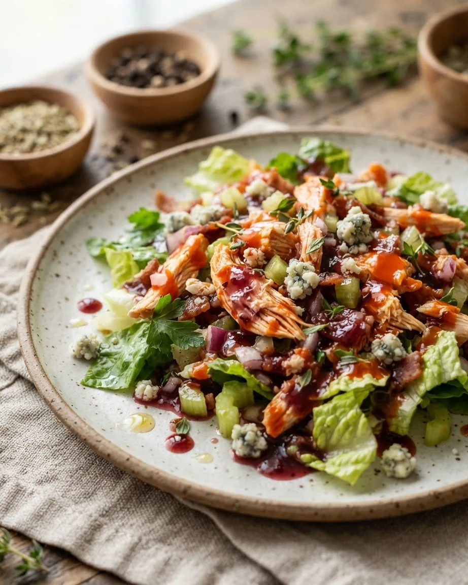 Buffalo chicken salad with blue cheese, celery, greens, and glossy red dressing drizzled across the plate.