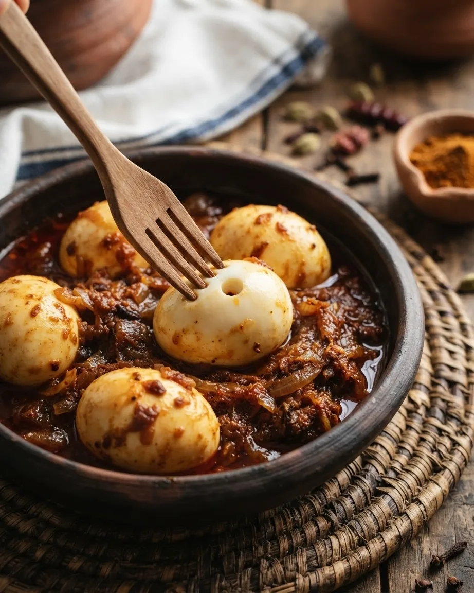 Detail view of the eggs: pierce them whole, don't mash them in