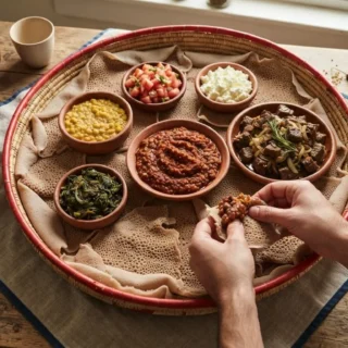 Overhead Ethiopian-style platter with injera, stews, greens, cheese, and hands tearing bread.