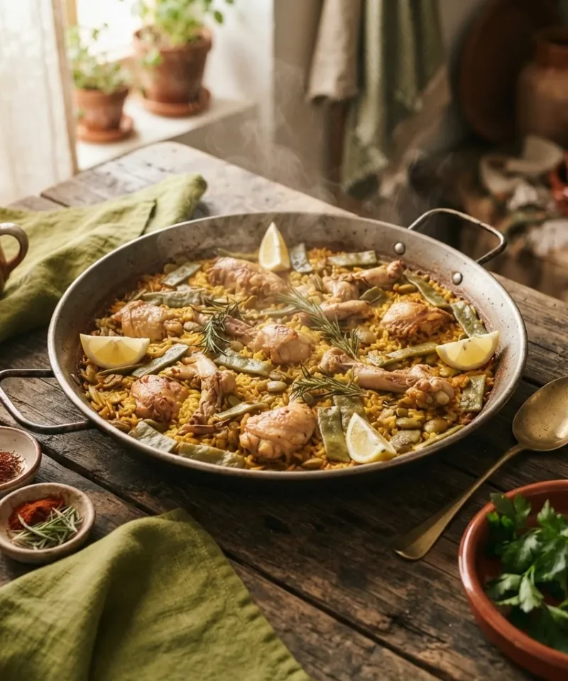 A large pan of Valencian paella with saffron rice, green beans and chicken on a rustic wooden table