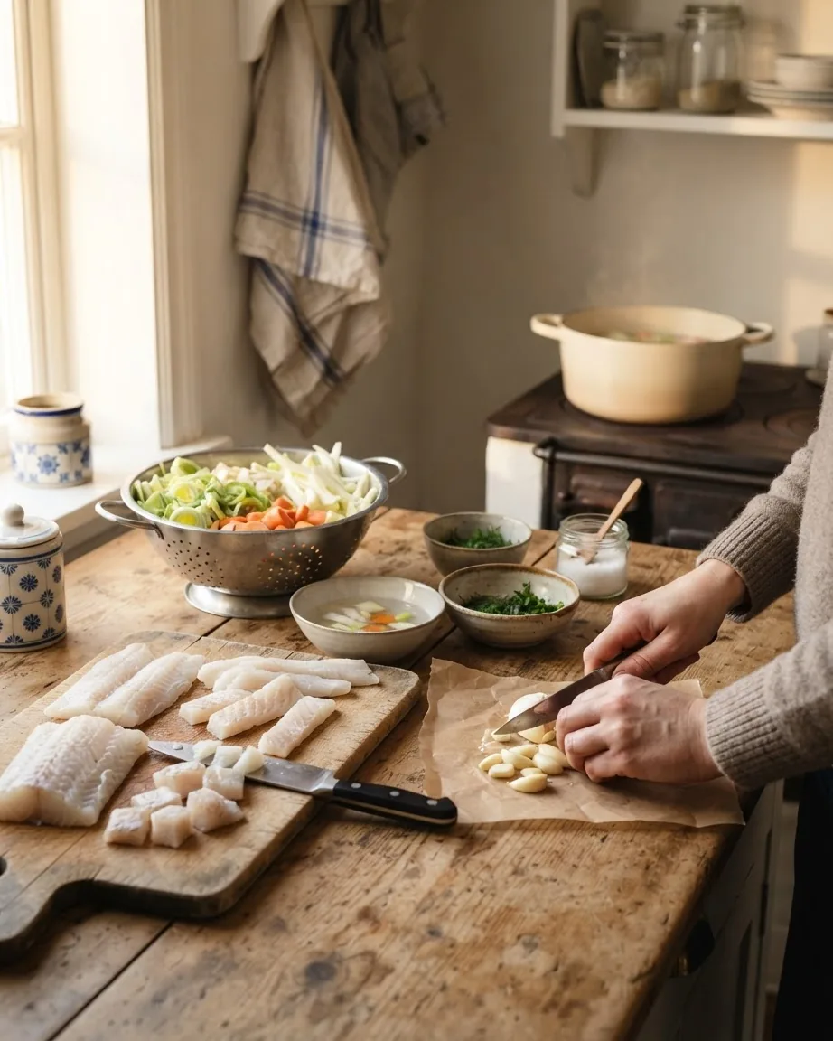 Detail view of fiskesuppe: what makes this fish soup Norwegian, in under 30 minutes