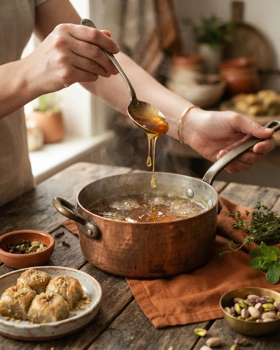 Hands hold a spoon as thick amber syrup drips slowly back into a simmering copper pan.