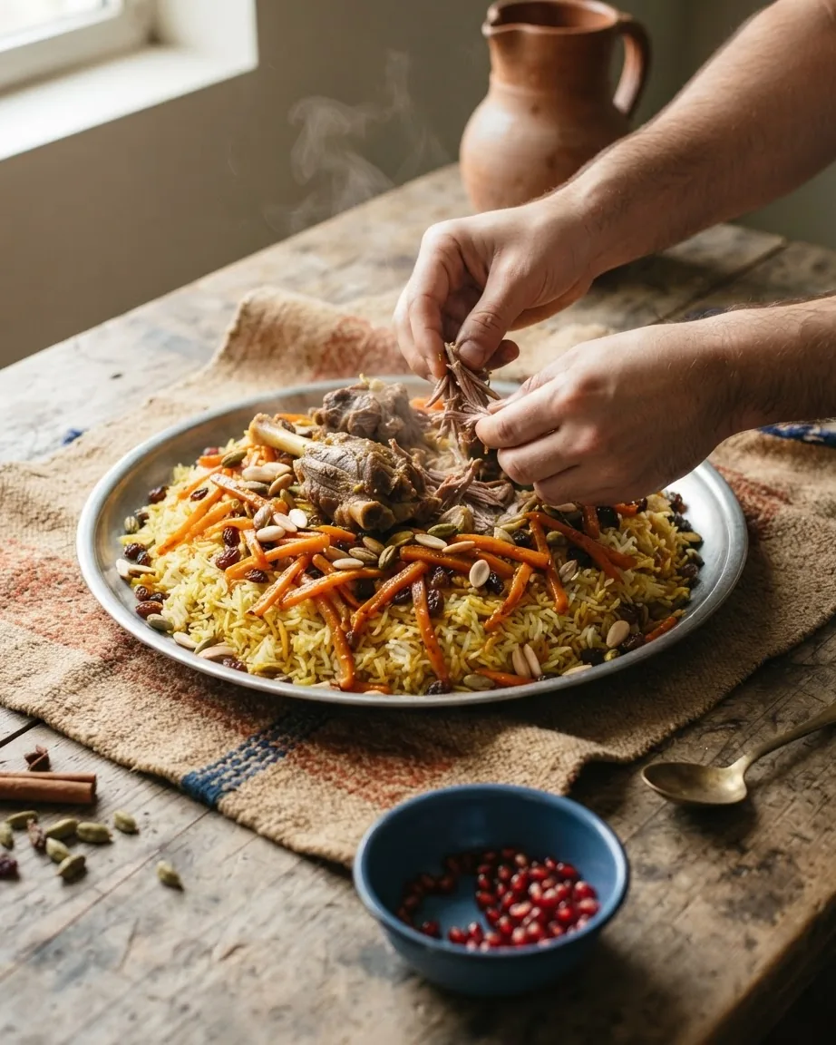 Hands shred tender meat over spiced rice topped with carrots, raisins, nuts, and seeds.