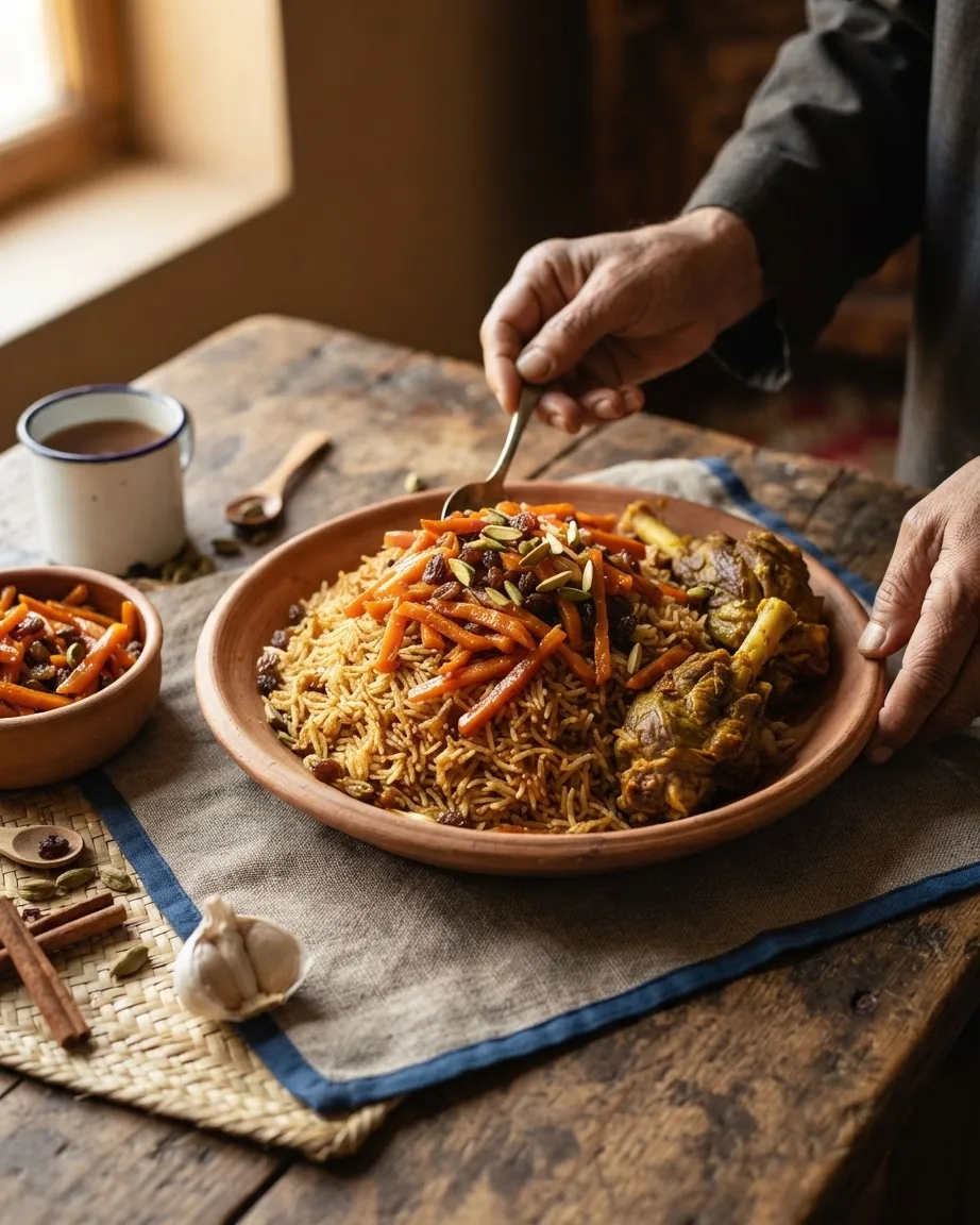 Kabuli pulao with spiced rice, carrots, raisins, nuts and meat served on a rustic table.