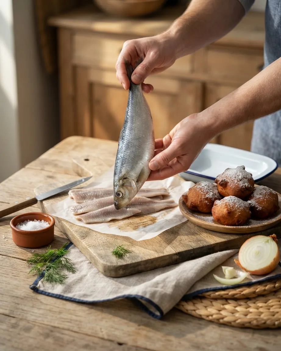 Detail view of hollandse nieuwe haring, oliebollen, and the seasonal calendar
