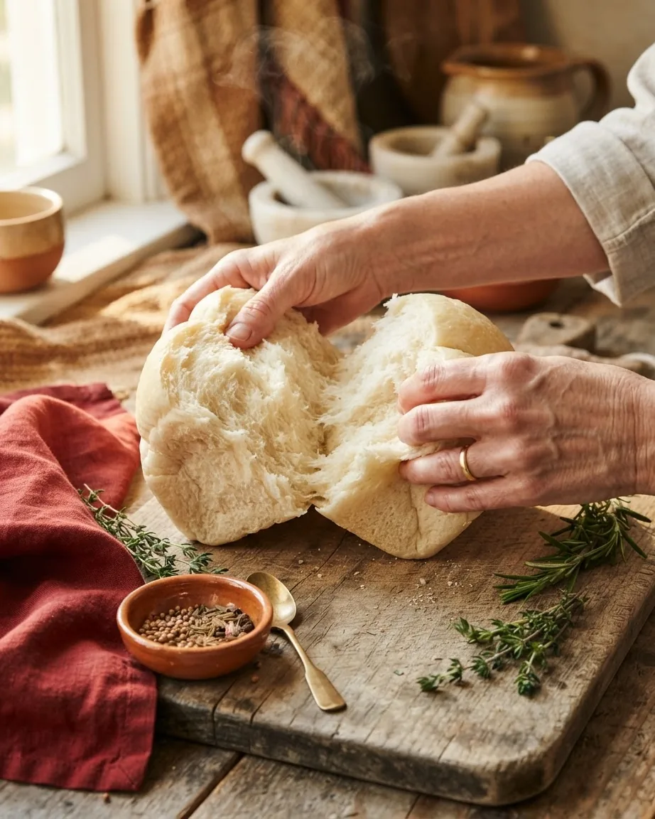 Two hands pull apart a pale crustless loaf, exposing its soft, fluffy white interior.