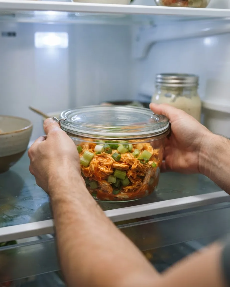 Hands place a sealed glass container of shredded buffalo chicken and celery inside a refrigerator.