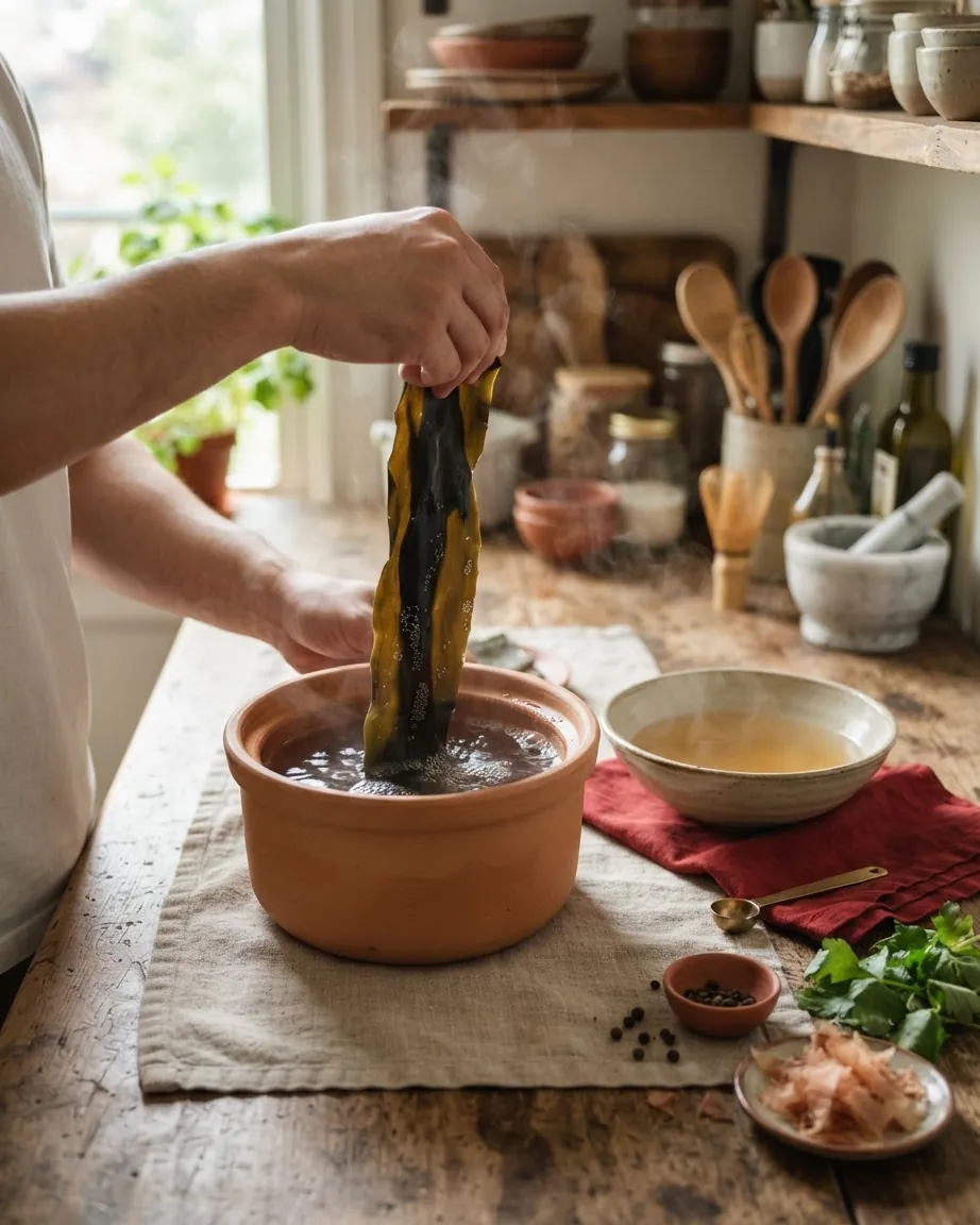 Hands lift a strip of kombu from steaming water in a clay pot on a rustic kitchen counter.
