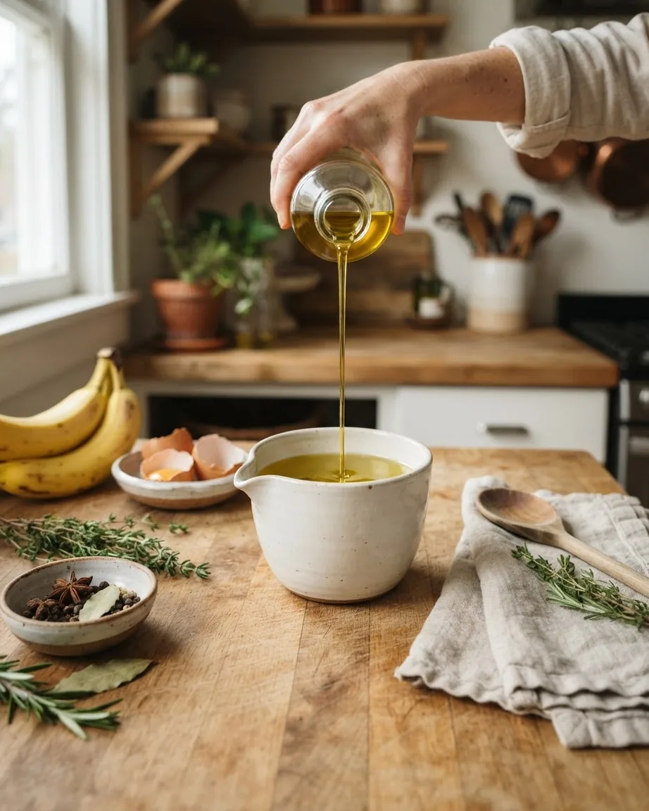 A hand pours golden oil into a ceramic cup on a kitchen counter beside bananas, eggs, and herbs.