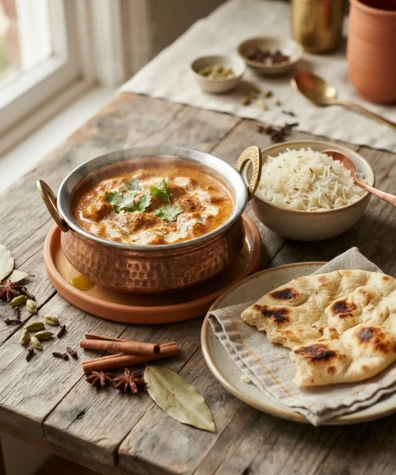 A copper handi of butter chicken with naan bread and a small bowl of basmati rice, whole spices scattered