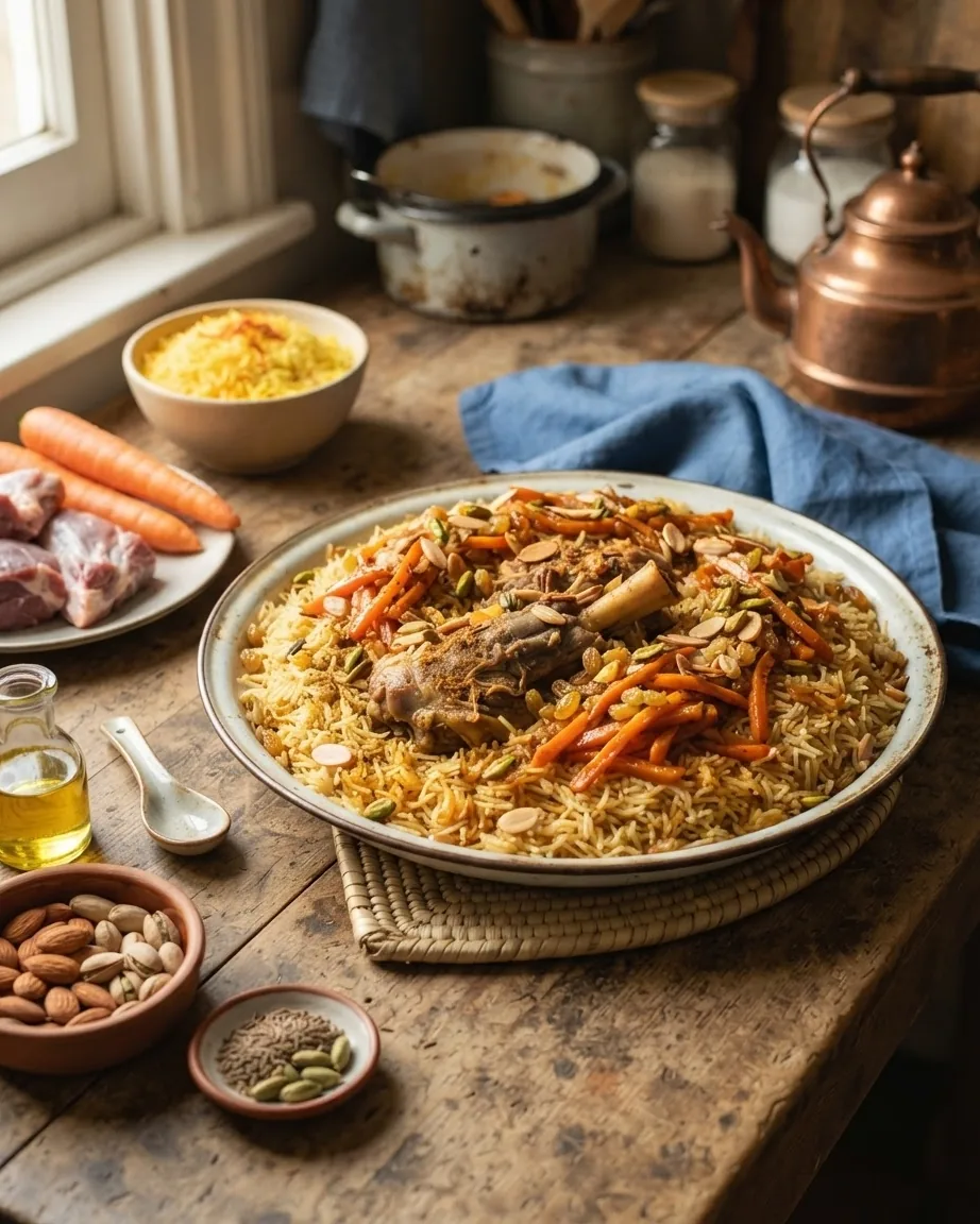 Detail view of ingredients for the Parwana kabuli palaw, US units with metric